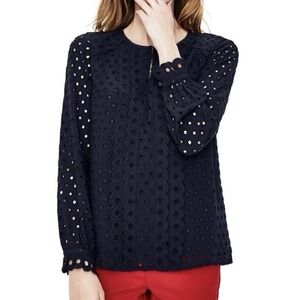 Boden Navy Blue Eyelet Keyhole Preppy Romantic Embroidered Scalloped Shirt Sz 12